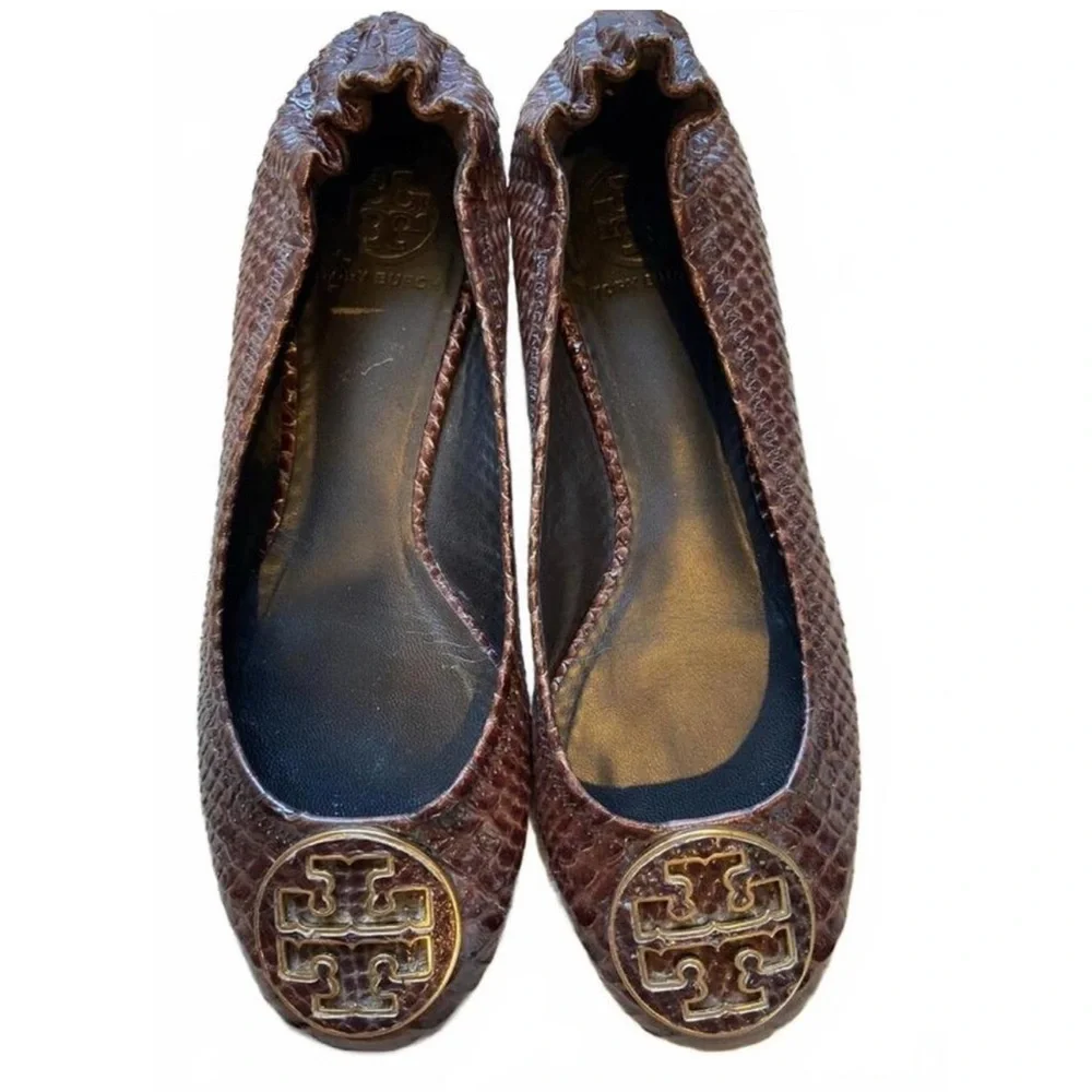 Tory Burch Brown Reva Snakeskin Ballet Flats Size 10 Coquette Slip Ons